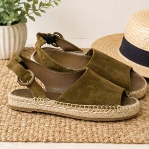 Vince Espadrille Sandals 8.5 Olive Suede Leather Slingback Peep Toe Spain